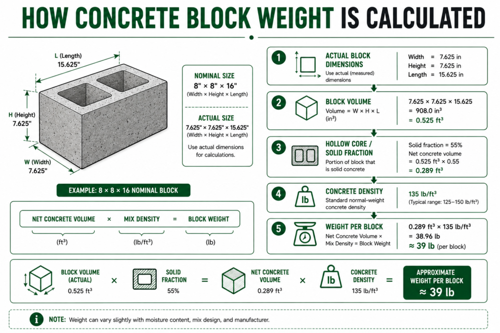 Concrete block weight calculation showing volume, solid fraction, concrete density, and final block weight