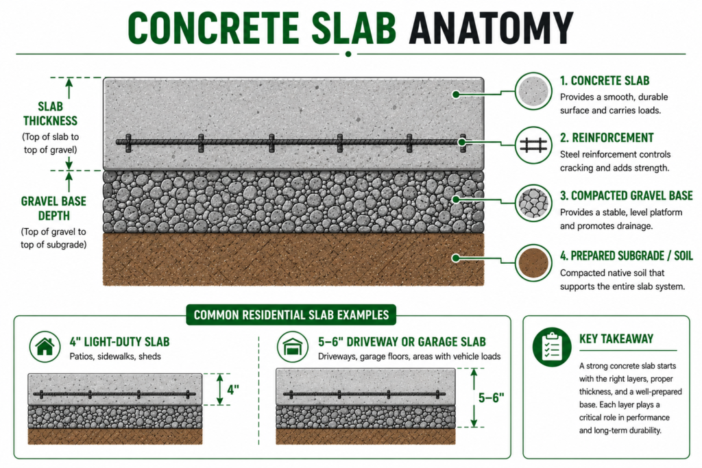Concrete slab cross section showing slab thickness, gravel base, reinforcement, and ground