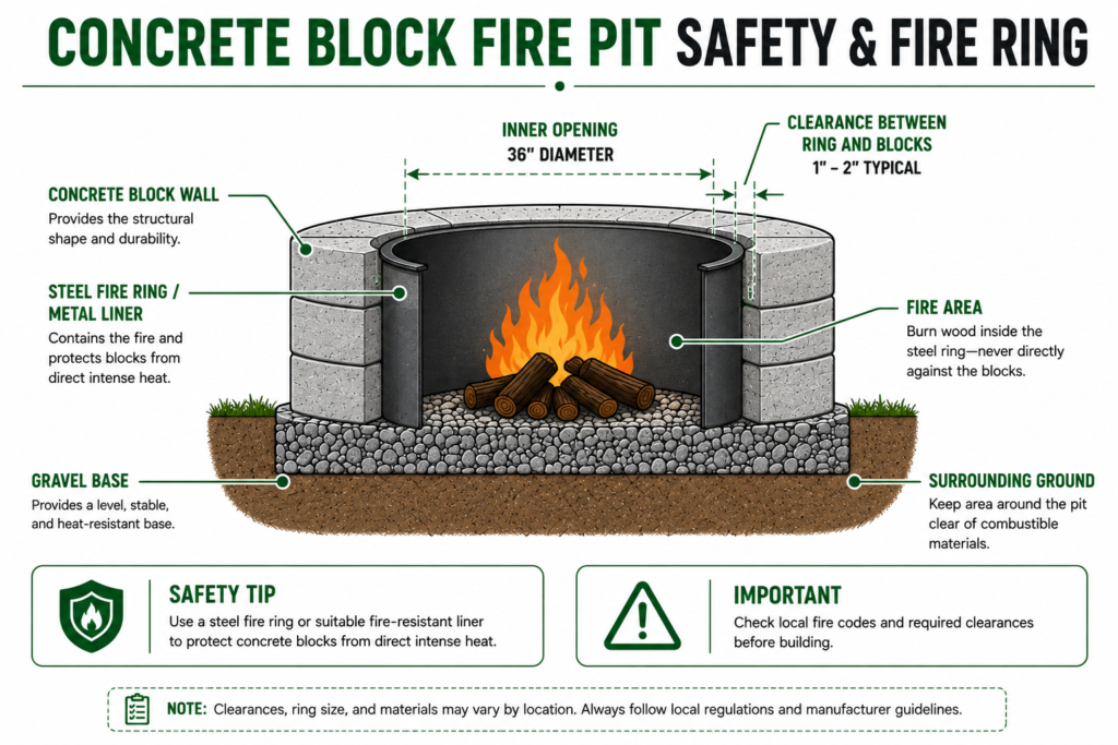 Fire pit cross section showing concrete blocks, steel fire ring, inner clearance, gravel base, and fire