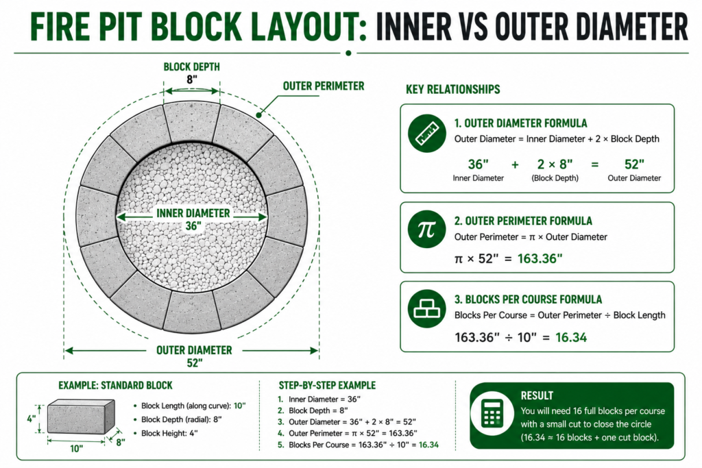 Fire pit concrete block layout showing inner diameter, block depth, outer diameter, and blocks per course